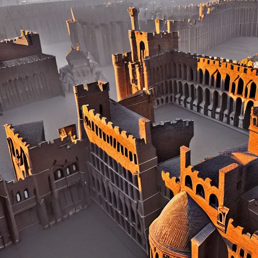 Image similar to Aerial long shot of epic medieval city of epic stone-brick buildings with european arched doorways, crenellated balconies, wood ornaments, flagpoles, tiny ornate windows, planned by Syd Mead, Arnold Render, Quixel Megascans