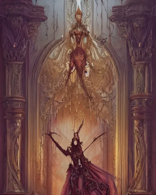 Image similar to a beautiful detailed front view of a dead rotten princess dressed in ornate baroque architecture, ornamentation, elegant, beautifully soft lit, by wayne barlowe, peter mohrbacher, kelly mckernan
