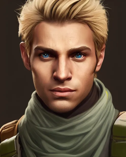 Prompt: ''blond young men with toupee and green eyes, no beard, no moustache, as an apex legends character digital illustration portrait design by mark brooks and brad kunkle detailed''