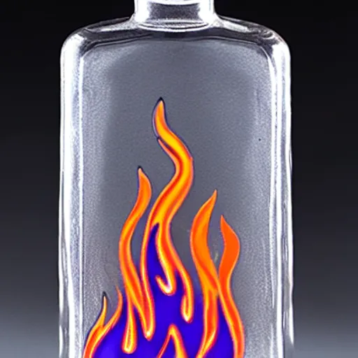 Prompt: a photo of a vodka bottle with minimalistic flame fire designs in a plique - a - jour enameling technique, 5 0. 0 mm