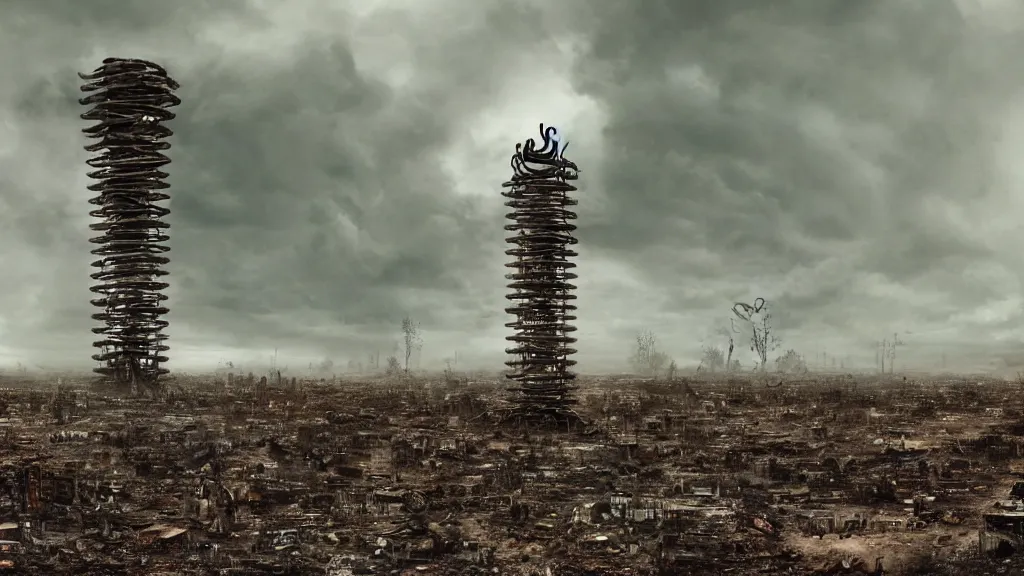 Image similar to giant evil bio-organic fleshy complex machine tower with tendrils and one eyeball at the top looking over a stormy post-apocalyptic wasteland, dystopian art, film still from the movie directed by Denis Villeneuve with art direction by Salvador Dalí, wide lens