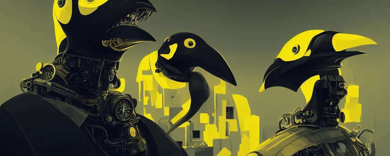 Image similar to duotone yelow black white concept illustration of 3 / 4 portrait of penguin with penguin beak as steampunk cyborg. cinematic volumetric lighting. golden ratio accidental renaissance. by sachin teng and sergey kolesov and ruan jia and heng z. graffiti art, scifi, fantasy, hyper detailed. octane render. concept art. trending on artstation