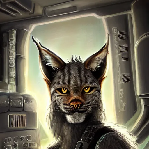 Prompt: highly detailed digital painting, black male anthro - lynx, human with head of lynx, long furred, viking hair, with long thick wavy hair like fabio, facial scar, hairy masculine gigachad, muscular, wearing flight suit, in starship reactor room on the nostromo, classic science fiction, trending on artstation,