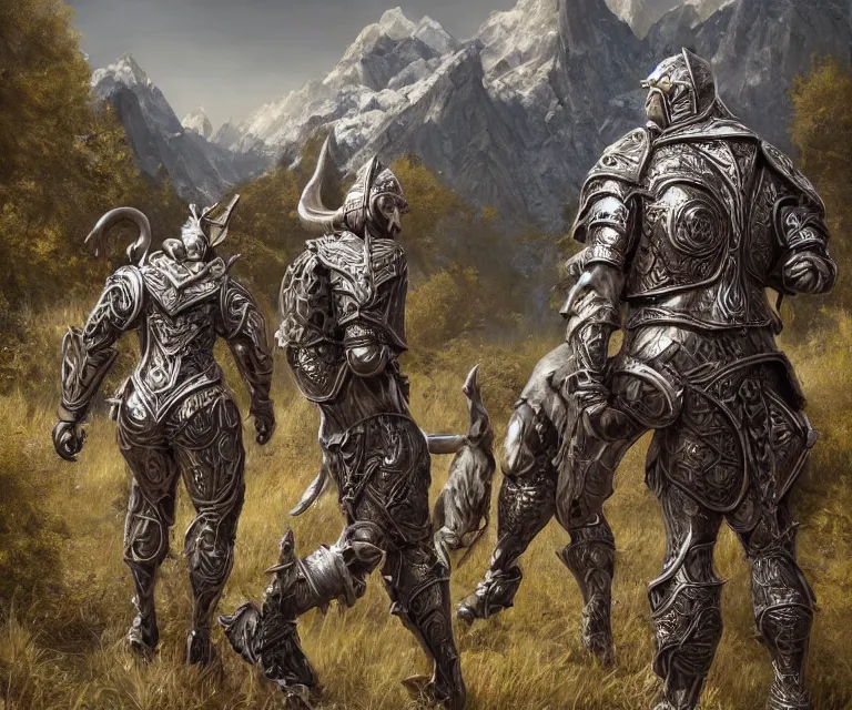 Image similar to trailcam footage grotesque horrific stylistic vray 3 d render of silver ornate armor slim bodybuilder handsome warriors, mountains and giant gothic abbeys, hyperrealism, fine detail, 8 k, artsation contest winner, cgsociety, fantasy art, cryengine, brush strokes, oil canvas by mandy jurgens and michael whelan