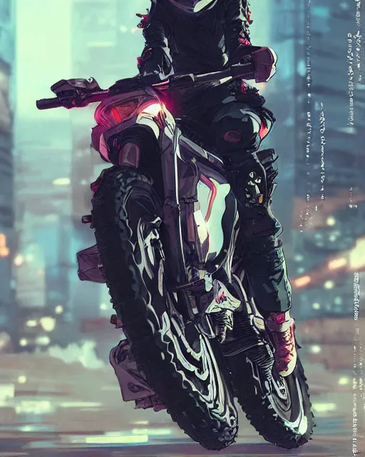 Image similar to kyoto animation girl wearing cyberpunk intricate streetwear riding dirt bike, respirator, detailed portrait, cell shaded, 4 k, concept art, by wlop, ilya kuvshinov, artgerm, krenz cushart, greg rutkowski, pixiv. cinematic dramatic atmosphere, sharp focus, volumetric lighting, cinematic lighting, studio quality