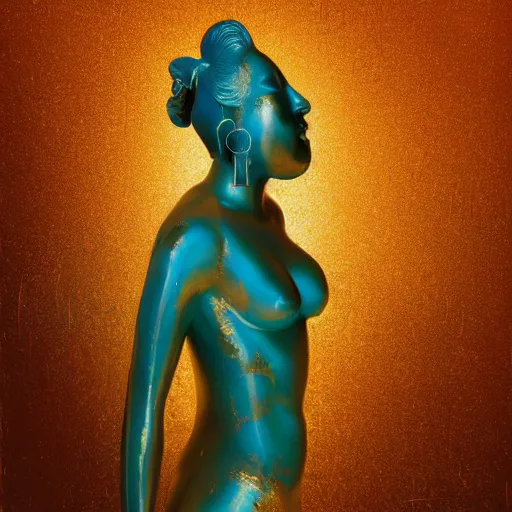 Prompt: romantistic portrait, painting, teal chinese abstract statue shattered standing in god rays, beautiful female body and golden glue dripping acrylic portrait, mechanical superstructure, sacred geometry, supermodel body, beautiful light, statue of carving marble, intricate 8 k render, dark mood, cinematic light, golden spirals, clockwork