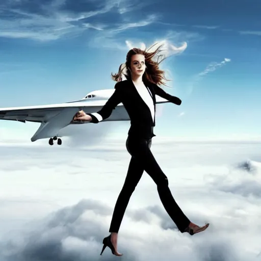 Image similar to Emma Watson flying in the clouds next to an airliner, full body shot