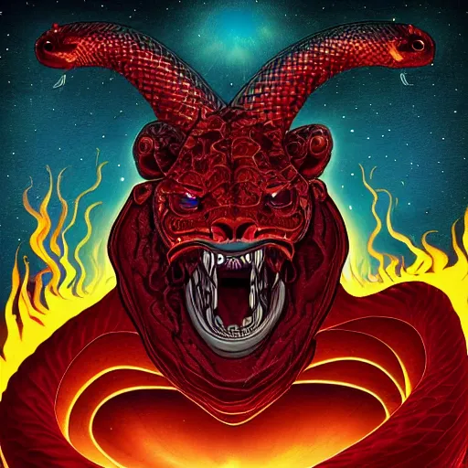 Image similar to the demiurge, a giant snake with the head of a lion, floating in space looking down on the earth beneath it, in flames. detailed digital art
