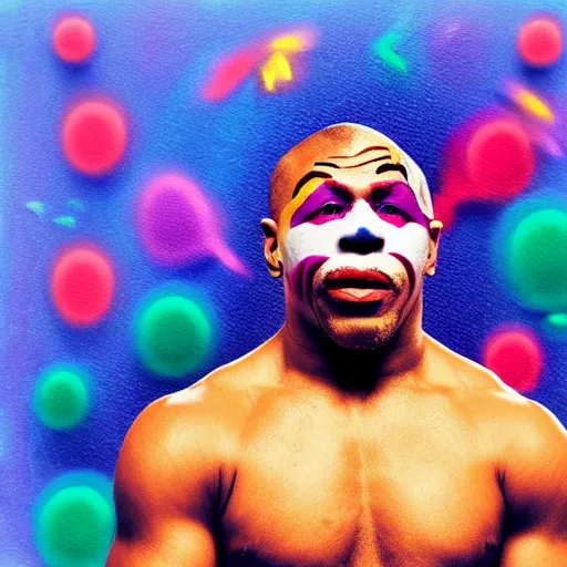 Image similar to UHD photorealistic Cosmic Mike Tyson wearing a clown costume with real clown makeup in the style of tonalism