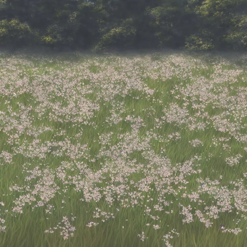 Image similar to film still of a field of delicate dainty blossoms, makoto shinkai, cinematic lighting, sunny, highly detailed, hand drawn, intricate, illuminated, 8k
