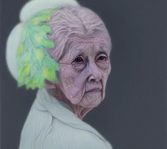 Prompt: detailed pastel colors portrait of an old woman with hair made of leaves, by hsiao - ron cheng, fine detail, 8 k