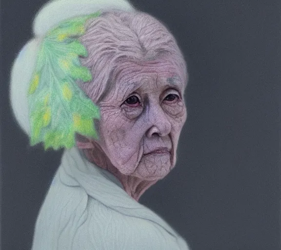 Image similar to detailed pastel colors portrait of an old woman with hair made of leaves, by hsiao - ron cheng, fine detail, 8 k