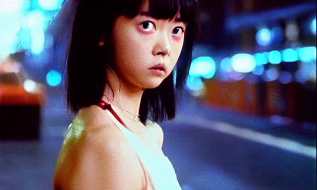 Image similar to full - color cinematic movie still from a 1 9 8 8 live - action adaptation of akira starring japanese actress kanna hashimoto, in neo tokyo. science - fiction ; action ; gritty ; dystopian ; violent ; apocalyptic. detailed facial - features.