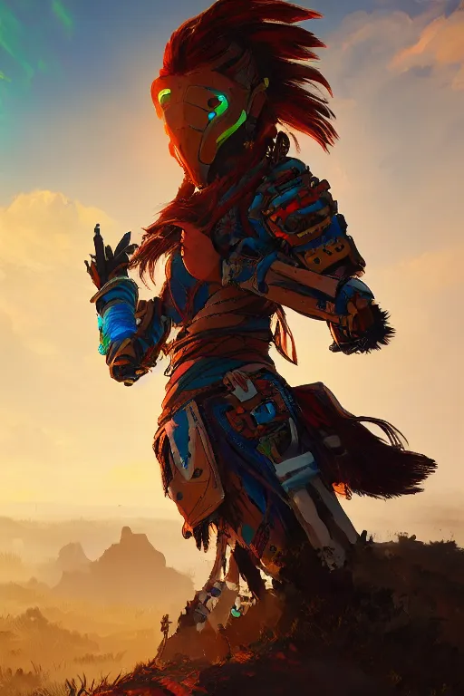 Image similar to combination suit armor aloy horizon forbidden west horizon zero dawn radiating a glowing aura global illumination ray tracing hdr fanart arstation by ian pesty and alena aenami artworks in 4 k tribal robot ninja mask helmet backpack