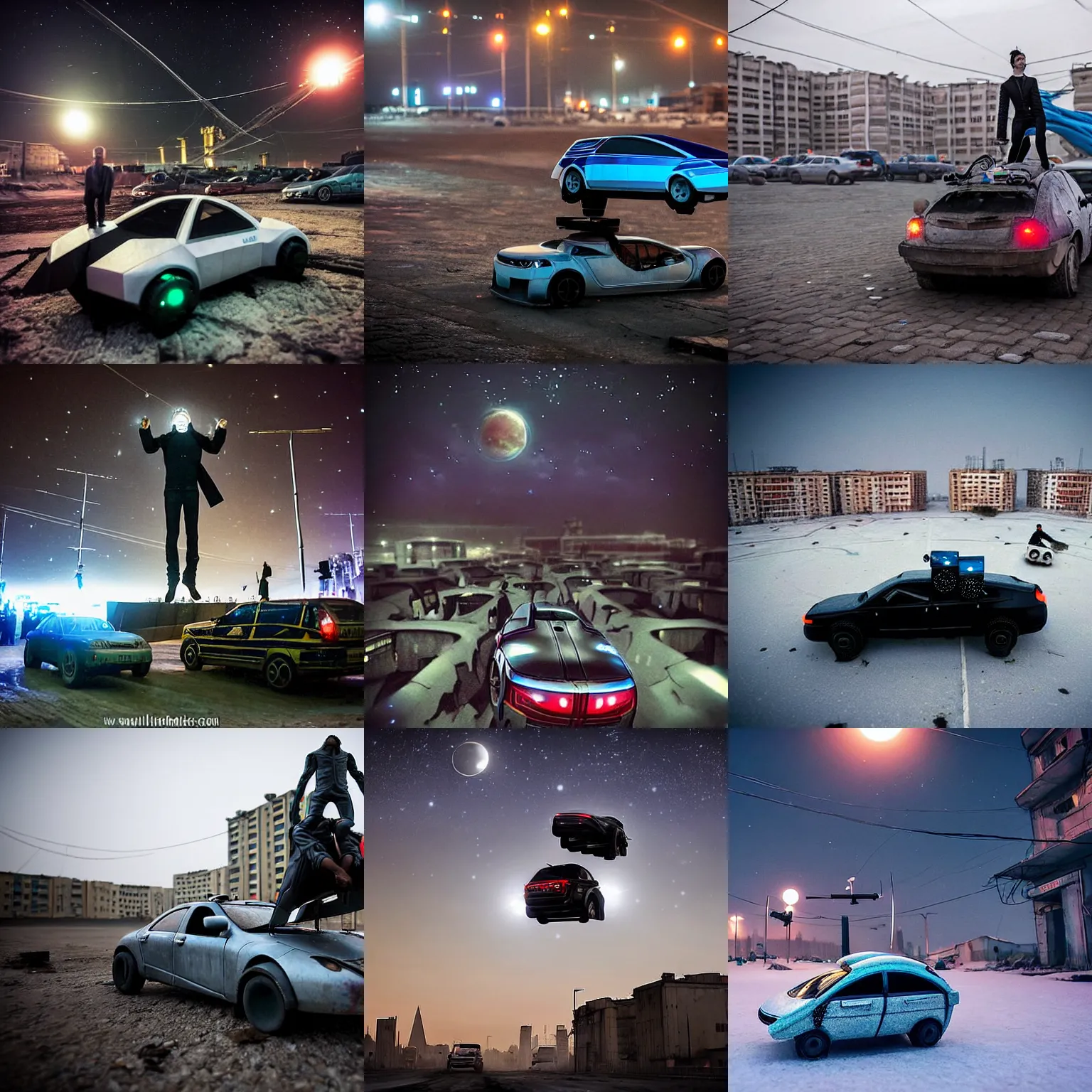 Prompt: people are driving levitating cars to work in a Russian cyberpunk slum city called Neo Norilsk on the Moon, at night, diverse, lively, black sky full of stars, blinding sun, sci-fi, lots of flying cars, levitation, cyberpunk outfits, photorealistic, grainy, 35mm, intricate, very very beautiful, elegant, smooth, cinematic, Unreal Engine 5, by Beeple, trending on Artstation HD