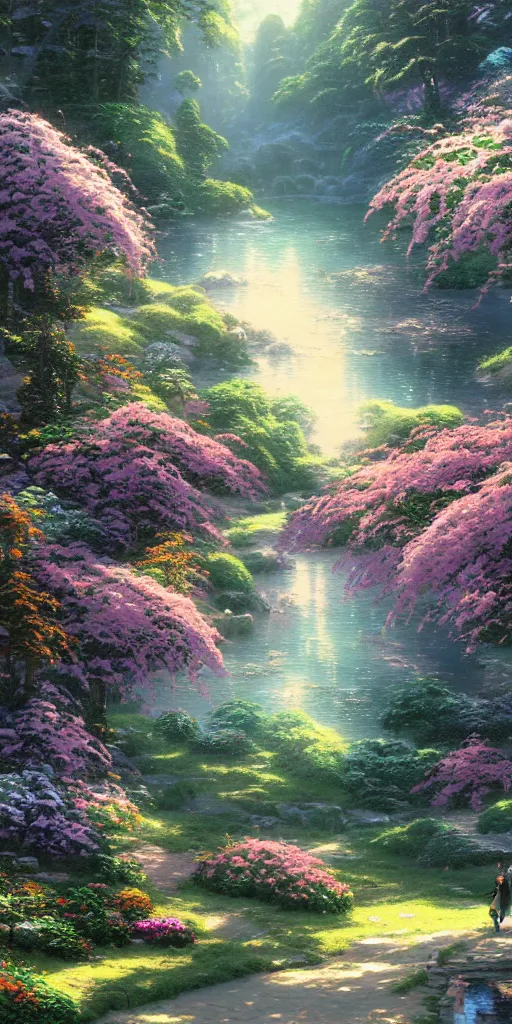 Prompt: a beautiful landscape with incredible flora, high realistic high detailed painting by thomas kinkade and makoto shinkai