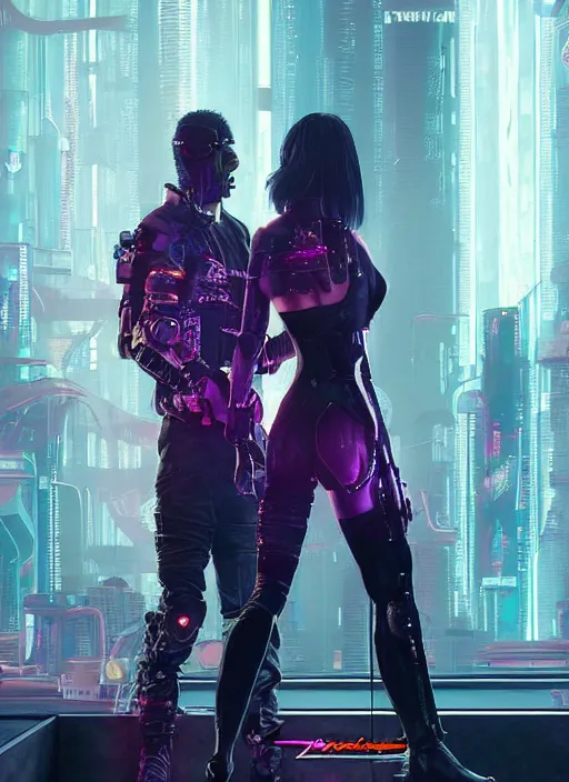 Image similar to a cyberpunk 2077 couple portrait of a Keanu Reeves as johnny silverhand and a female android in final kiss,love,fantasy, intricate, elegant,film lighting,art by John Collier and Albert Aublet and Krenz Cushart and Artem Demura,artstation,deviantart,FAN ART,full of color,Digital painting,face enhance,highly detailed,8K,octane,golden ratio,cinematic lighting