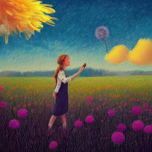 Image similar to girl with dandelion face, surreal photography, dream, standing in flower field, hills, big trees, sunrise dramatic light, impressionist painting, colorful clouds, digital painting, pointillism, artstation, simon stalenhag