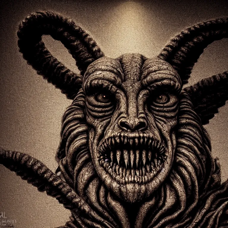 Prompt: surreal closeup ribbed face portrait of baphomet in hell desolate empty wasteland, creepy, nightmare, dream-like heavy atmosphere, surreal abandoned buildings, neoclassic, baroque painting, beautiful detailed intricate insanely detailed octane render trending on Artstation, 8K artistic photography, photorealistic, volumetric cinematic light, chiaroscuro, Raphael, Caravaggio, Beksinski, Giger, Rembrandt