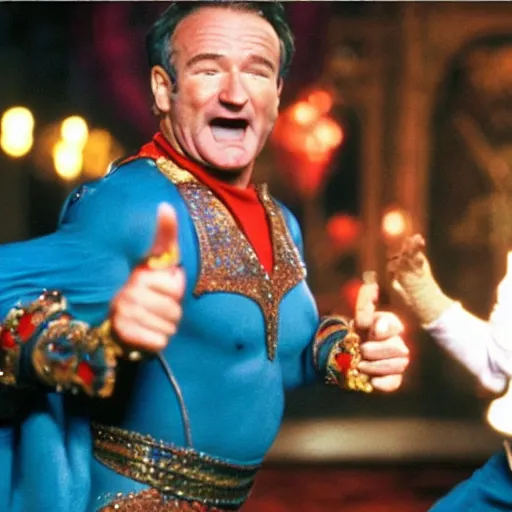 Image similar to a photo of robin williams turning into the genie from disney's aladin mid fight during a fist fight with bruce willis from die hard