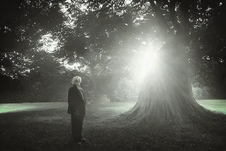 Prompt: “Photo by Robert ParkeHarrison. Close-up of a serious old man in a garden full of levitating trees. The dark sky is torn open like a paper and bright light shines through it. Dark. Cinematic lighting. Old grainy photo.”