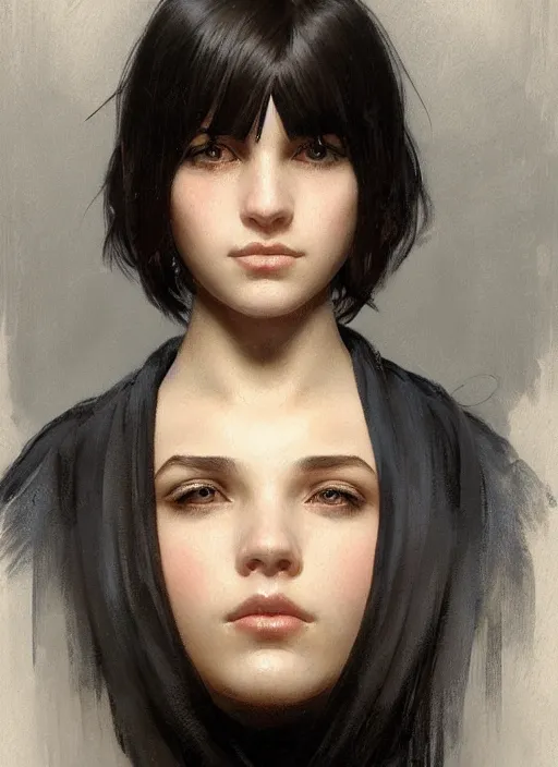 Prompt: Close-up portrait of kind young girl with short black hair in a bob cut, slightly dirty face, portrait, highly detailed, digital painting, artstation, concept art, sharp focus, illustration, art by artgerm and greg rutkowski and alphonse mucha