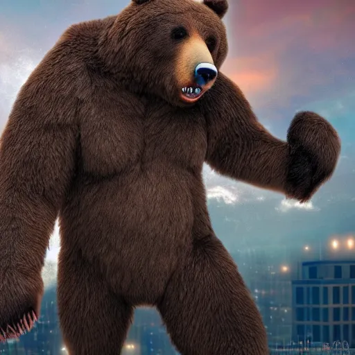 Prompt: a giant angry bear with arms raised attacking the city, photomanipulation, photoshop, digital art