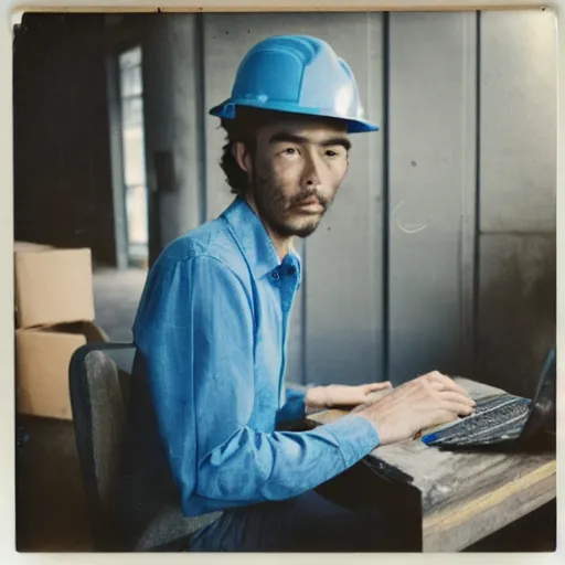 Prompt: a polaroid photo of man using a laptop inside in warehouse, he sitting on chair and small table, he's wearing blue cloth and construction hat, photo from behind, high details, perfect face shape