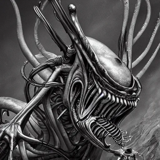 Prompt: xenomorph alien frog, eating a mosquito, alien by artist giger, bones background, intricate, concept art for movie, black and white colors, extreme detail, 4 k, detailed concept art, cgsociety, realistic lighting, sharp focus, backlit