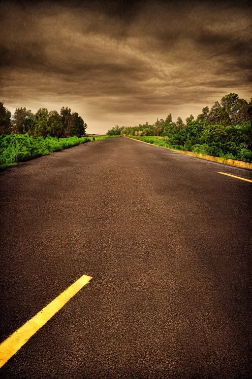 Prompt: photo of a road with no end, sepia dust filling background, photorealistic, tonemapped