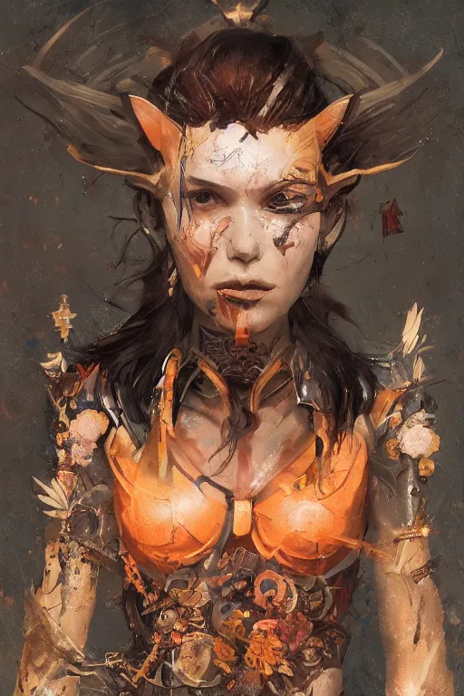 Image similar to portrait of beautiful young mainem, warhammer, japaneese style, cyberpunk armor, a lot of more scars, more and more flowers, orange head, the middle ages, highly detailed, artstation, illustration, art by greg rutkowski, 8 k quality