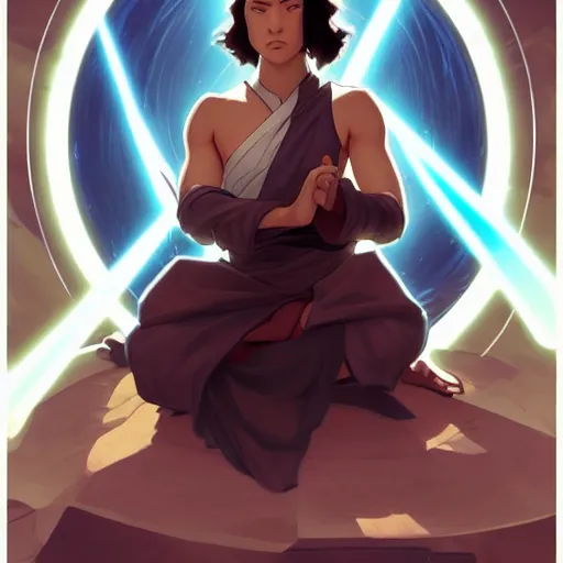 Image similar to Portrait of Avatar Korra wearing Jedi robes and meditating, Legend of Korra, Avatar the Last Airbender, intricate, elegant, highly detailed, digital painting, artstation, concept art, smooth, sharp focus, illustration, art by artgerm and greg rutkowski and alphonse mucha and andrei riabovitchev