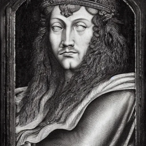 Image similar to a renaissance style portrait of a wild lion wearing a crown and a cape, dark background