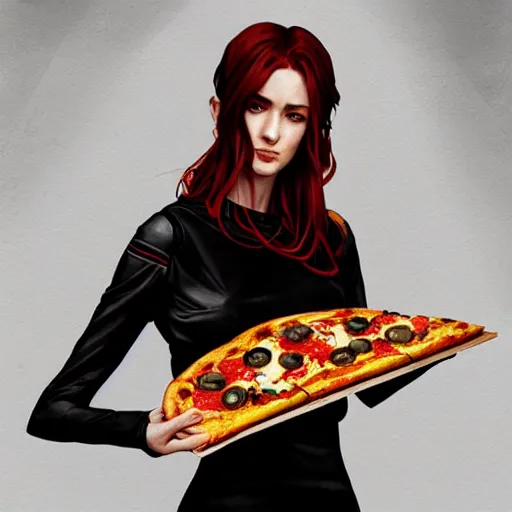 Prompt: skinny pale lady in black dress with red hair holding pizza, Apex Legends character, digital illustration portrait design, by android jones and greg rutkowski, retrowave color scheme, detailed, cinematic lighting, wide angle action dynamic portrait