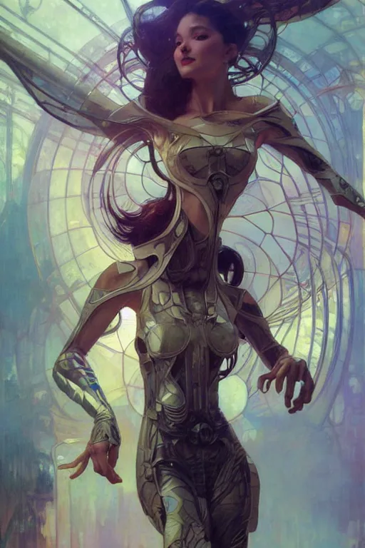 Image similar to dynamic pose, intricate, futuristic, fantasy, by stanley artgerm lau, greg rutkowski, alphonse mucha,, thierry mugler, norman rockwell, 3 d,