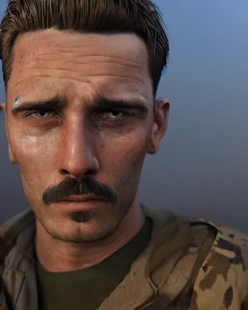 Image similar to portrait of muscular, tired and alcoholic 3 0 - year - old grieving man with short darkblonde hair, serious sad look in his eyes, looking down, dirty beard, blue eyes, crying tears, wearing dirty soldier uniform, on the desert, sad atmosphere, hyper realistic face, character art, art by mark brooks, cryengine, trending on artstation, digital art