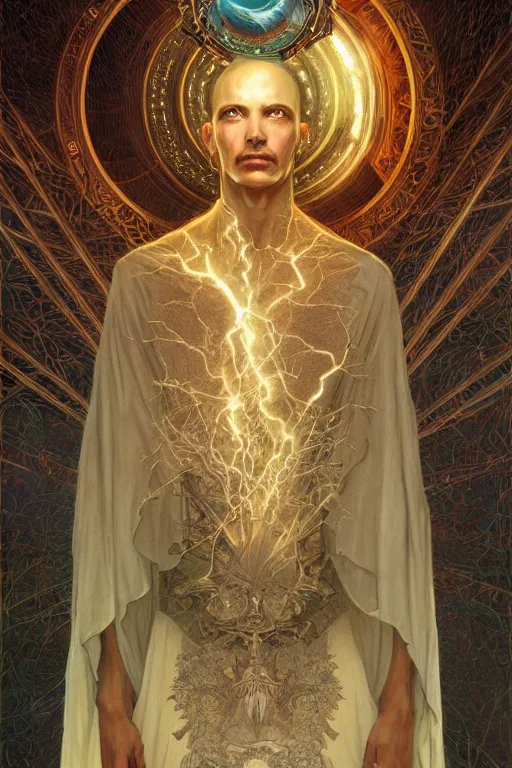 Image similar to a tarot card, a half man half machine, horror by agostino arrivabene and elegant intricate digital painting artstation concept art smooth sharp focus illustration, art by artgerm and greg rutkowski and alphonse mucha