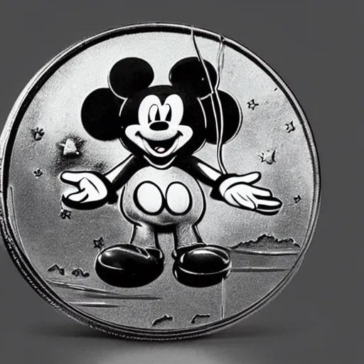 Prompt: a silver coin with mickey mouse on it