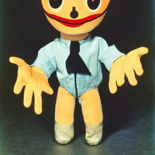 Prompt: 1976 a hand puppet with googly eyes 16mm Almodovar John Waters Russ Meyer Doris Wishman old photo