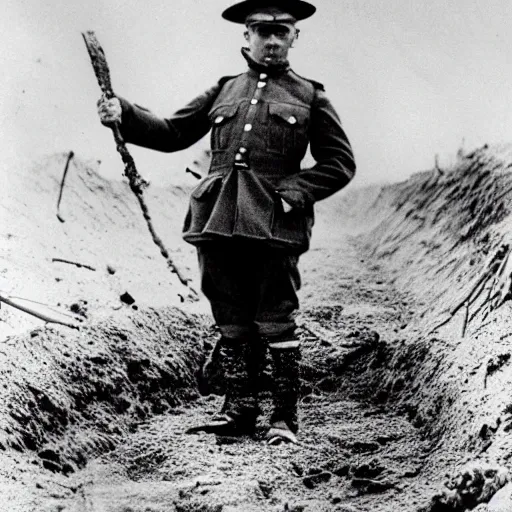 Prompt: a black and white photograph of a rabbit wearing a ww1 uniform, standing in a muddy trench