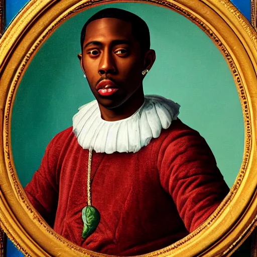 Image similar to a renaissance style portrait painting of tyler the creator