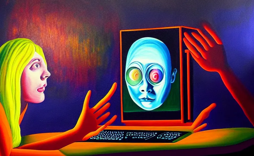 Image similar to a painting of someone stuck inside a dream but they really stuck inside a giant computer, you can see hands on the outside pulling the strings, surrealist, colour