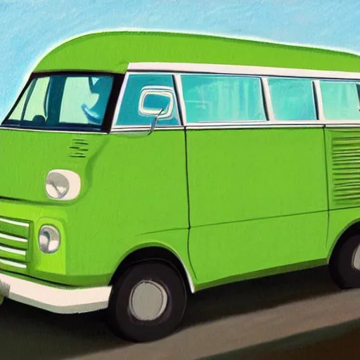 Image similar to retro painting illustration of a volswagen van, 2 d, pastel color, green, yellow, green, retro style art, trendy on artstation