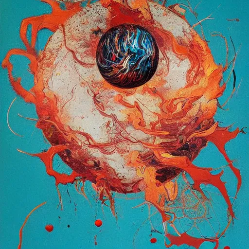 Image similar to a sphere being devoured by abstract splatters of paint in the style of francis bacon, venus being engulfed in flames in the style of james jean, surreal, beksinski, high detailed