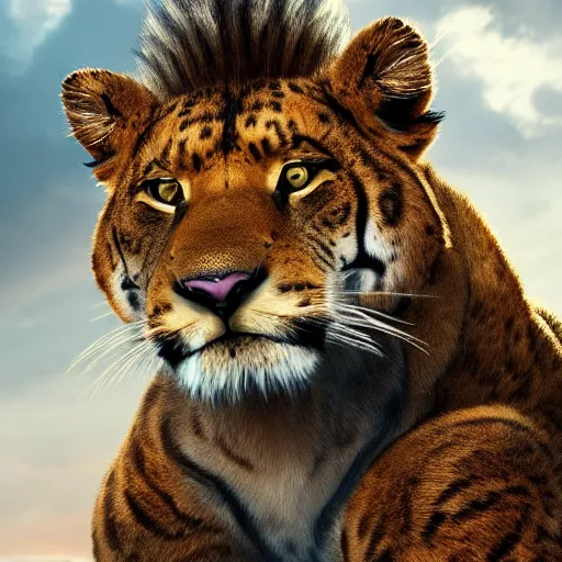 Image similar to mix of puma and jaguar and lion and tiger jumping over a cliff, giant cat monster, 8 k ultra realistic animal, detailed intricate fur, flame in the fur, full of colour, cinematic lighting, battered, trending on artstation, 4 k, hyperrealistic, focused, extreme details, unreal engine 5, cinematic, masterpiece, art by ayami kojima