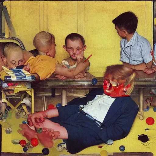 Image similar to children pouring yellow lemonade on Donald trump laying down, mannerism, norman Rockwell,