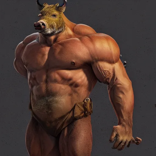 Prompt: boar - man hybrid, body builder body, furry body, hyper detailed, digital art, trending in artstation, cinematic lighting, studio quality, smooth render, unreal engine 5 rendered, octane rendered, art style by klimt and nixeu and ian sprigger and wlop and krenz cushart