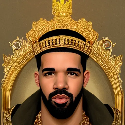 Image similar to highly detailed portrait of drake wearing a gold crown and gold chains, realistic portrait, symmetrical, highly detailed, digital painting, artstation, concept art, smooth, sharp focus, illustration, cinematic lighting, art by artgerm and greg rutkowski and alphonse mucha