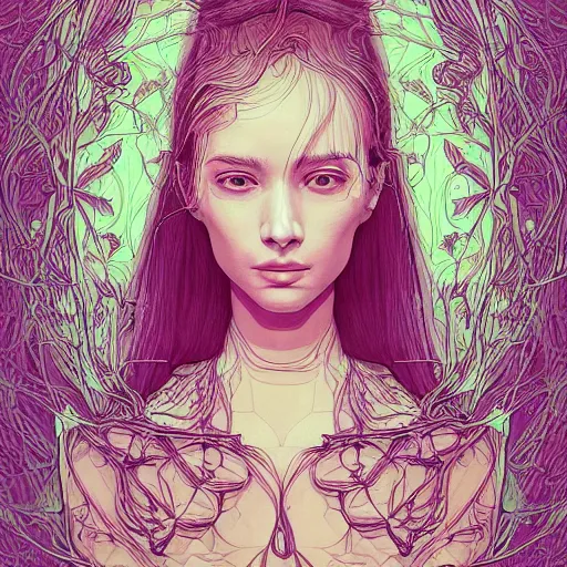 Image similar to the portrait of an incredibly beautiful and sophisticated woman made of potatoes roots and violets, an ultrafine detailed illustration by james jean, final fantasy, intricate linework, bright colors, behance contest winner, vanitas, angular, altermodern, unreal engine 5 highly rendered, global illumination, radiant light, detailed and intricate environment