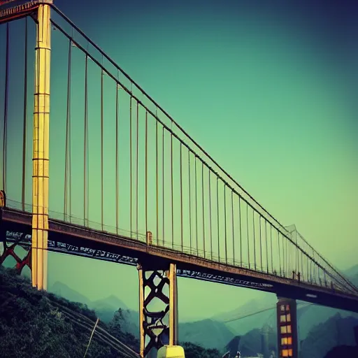 Image similar to golden state bridge in china, matte, blue filter, artstation